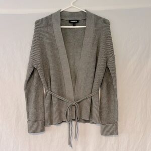 Light Gray Express Long Tight-Knit Cardigan w/ Waist Tie Size XS Extra Small